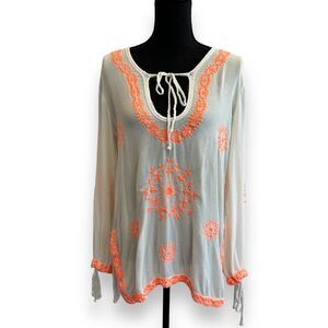 Lucky & Coco Hippie Embroidered Blouse Guaze Neon‎ Cover Up Top Small Swim Boho